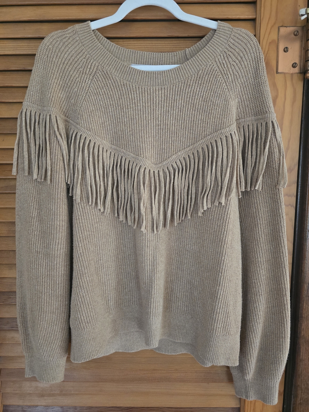 LOFT Beige Fringe Crewneck Sweater